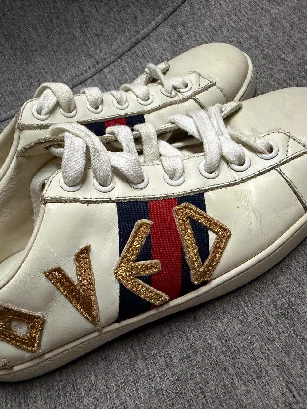 White Leather 'Loved' Low-Top Sneakers with Red & Blue Stripe